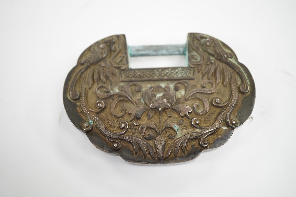 A Chinese white metal leaf dish, 16.4cm, two other Chinese items including a spirit lock and a Japanese white metal frame by Murai Shokai. Condition - poor to fair.